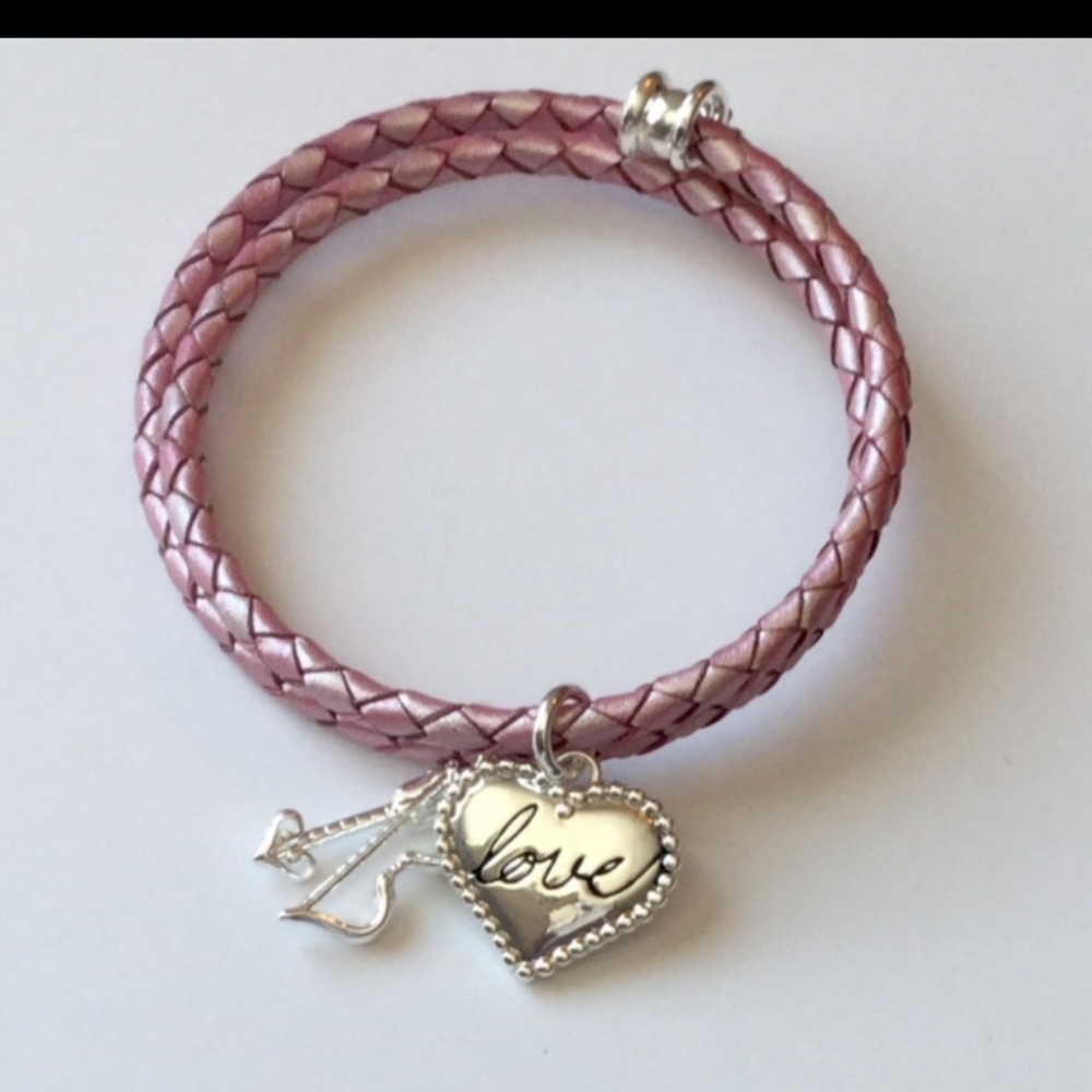 Pink Faux Leather Wrap Bracelet with Heart Charm